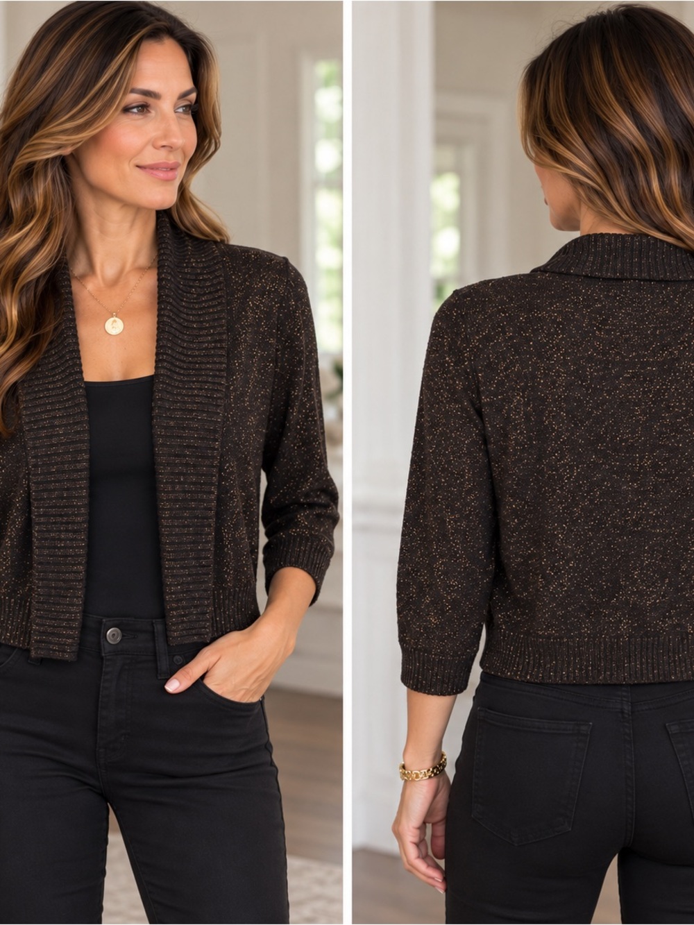 Cropped Metallic-Thread Open Cardigan - Black